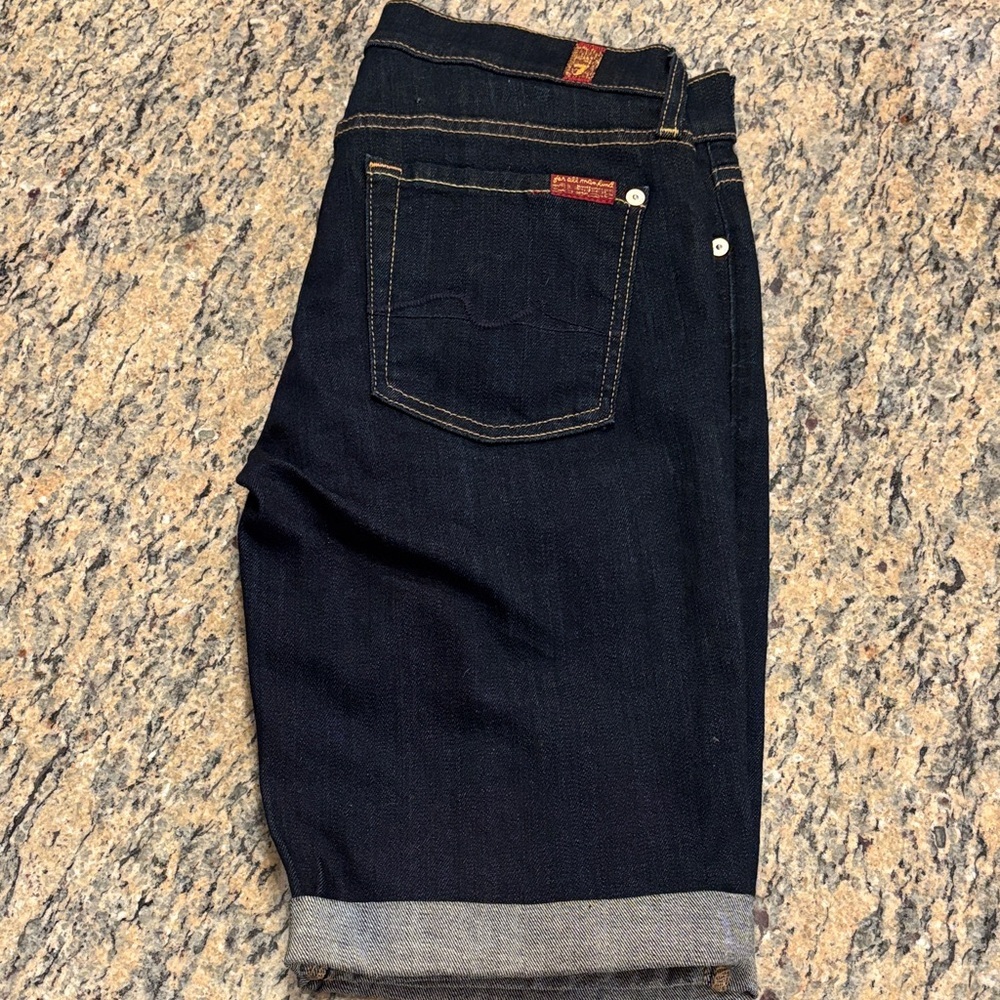 7 For All Mankind Dark Wash Denim Bermuda Shorts Cuffed Hem Size 27